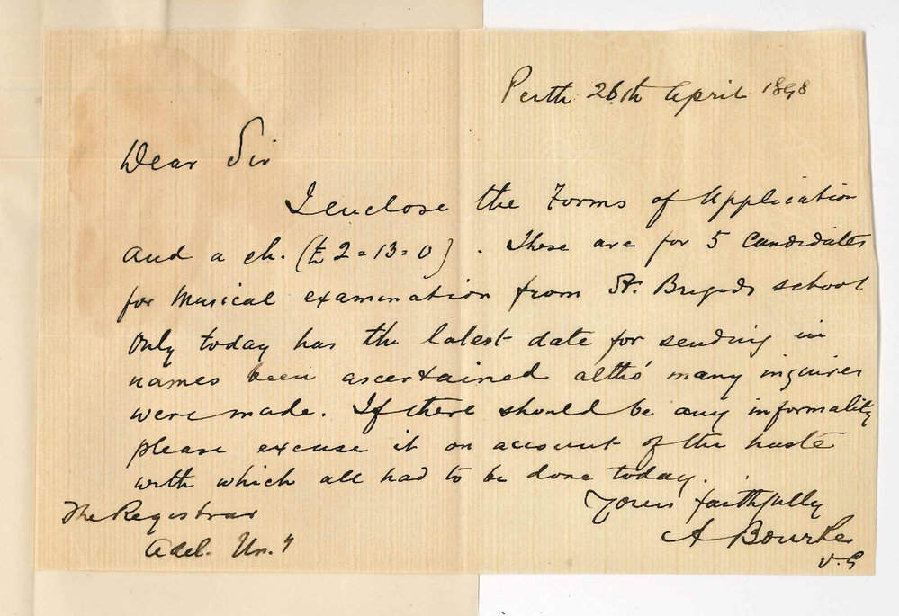 Reverend A Bourke - Vicar General Perth - Entries Primary Exams in Music