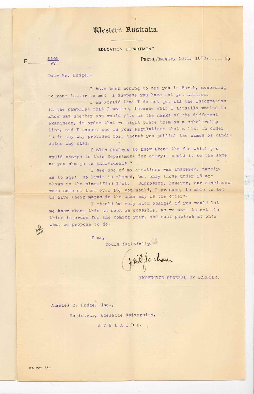 Cyril Jackson - Perth - Further information re Preliminary Junior and Senior Exams