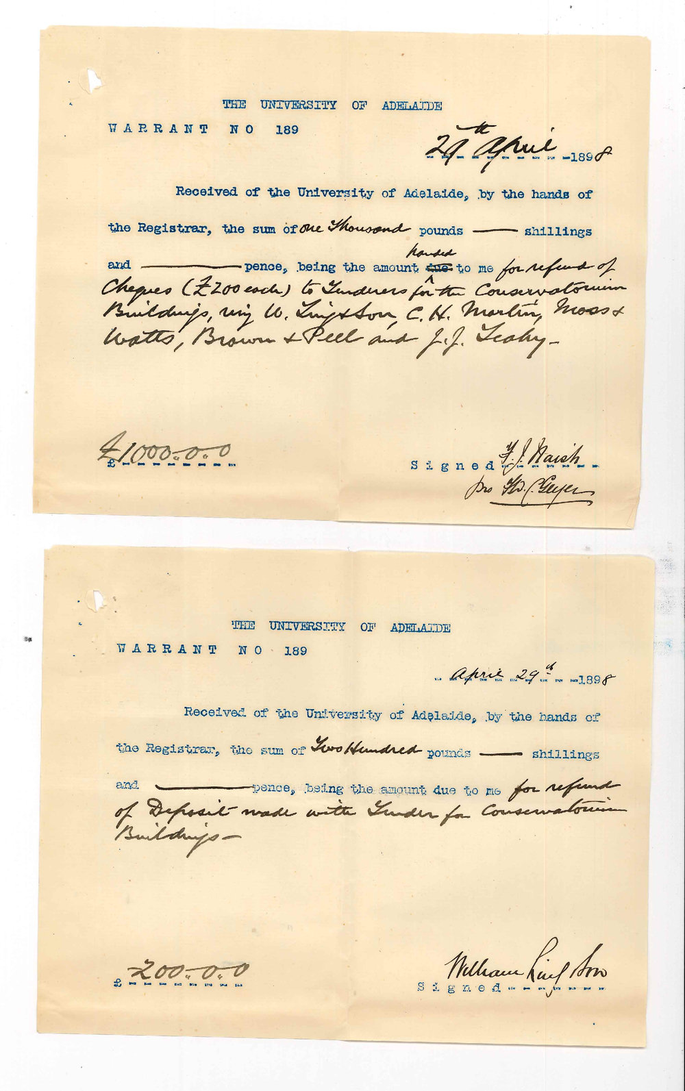 Frank John Naish - Adelaide - Asking for return of cheques of &pound;200 deposited with Conservatorium Tenders