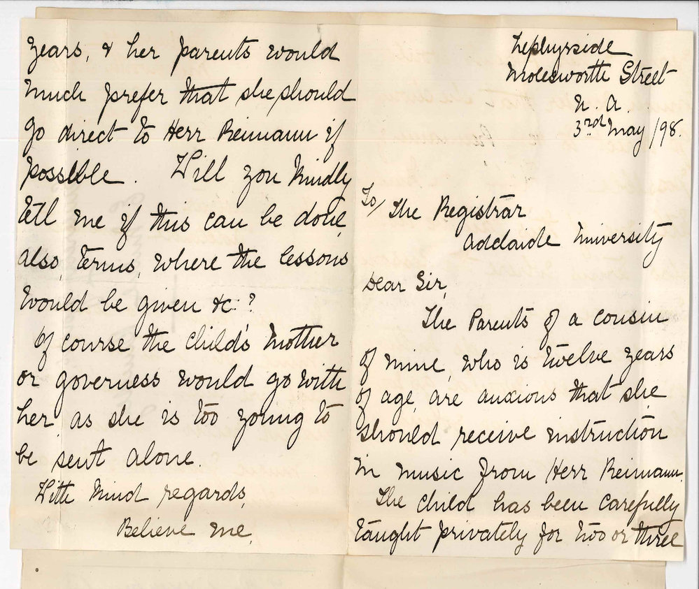 Miss Ellen Milne Bundey - North Adelaide - Entry of student to Conservatorium