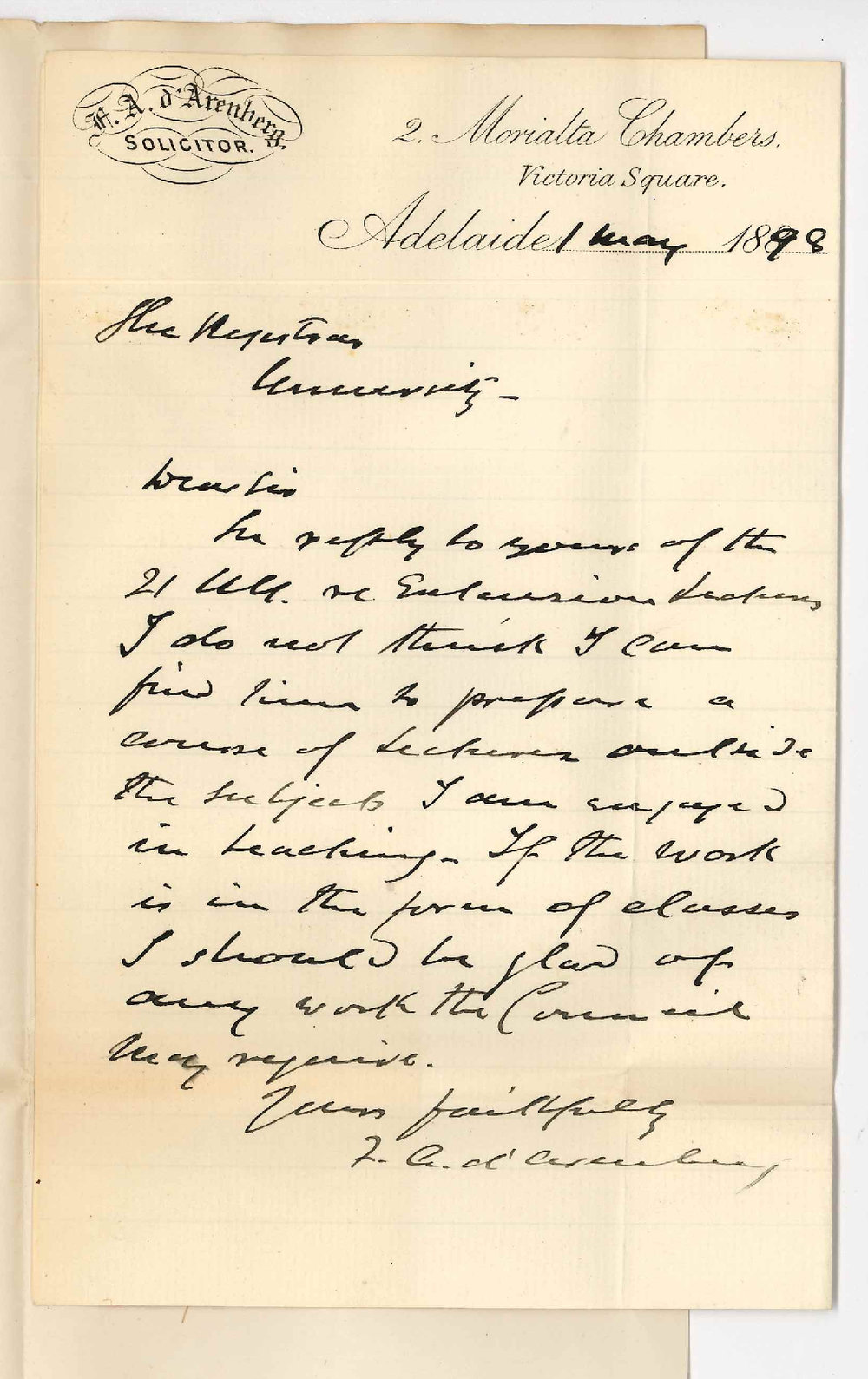 Frederick Augustus d'Arenberg - Adelaide - Cannot give Extension Lectures