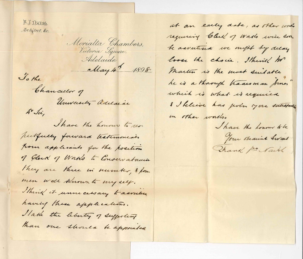 Frank John Naish to Chancellor - Adelaide - Clerk of Works for Conservatorium