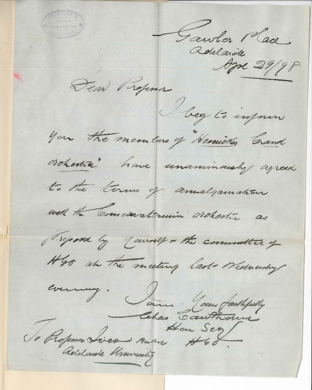 Charles Cawthorne - Honorary Secretary Heiniches Grand Orchestra - Amalgamation with University Orchestra