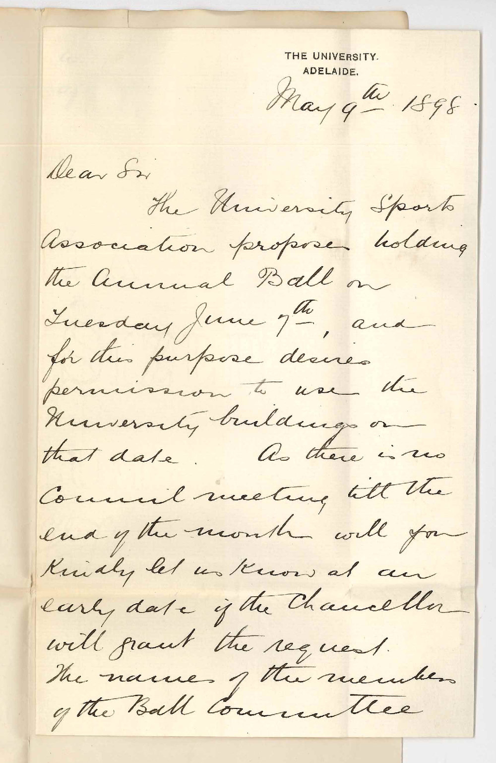 James Watson Brown - Adelaide - Permission to use University for Ball 7th June