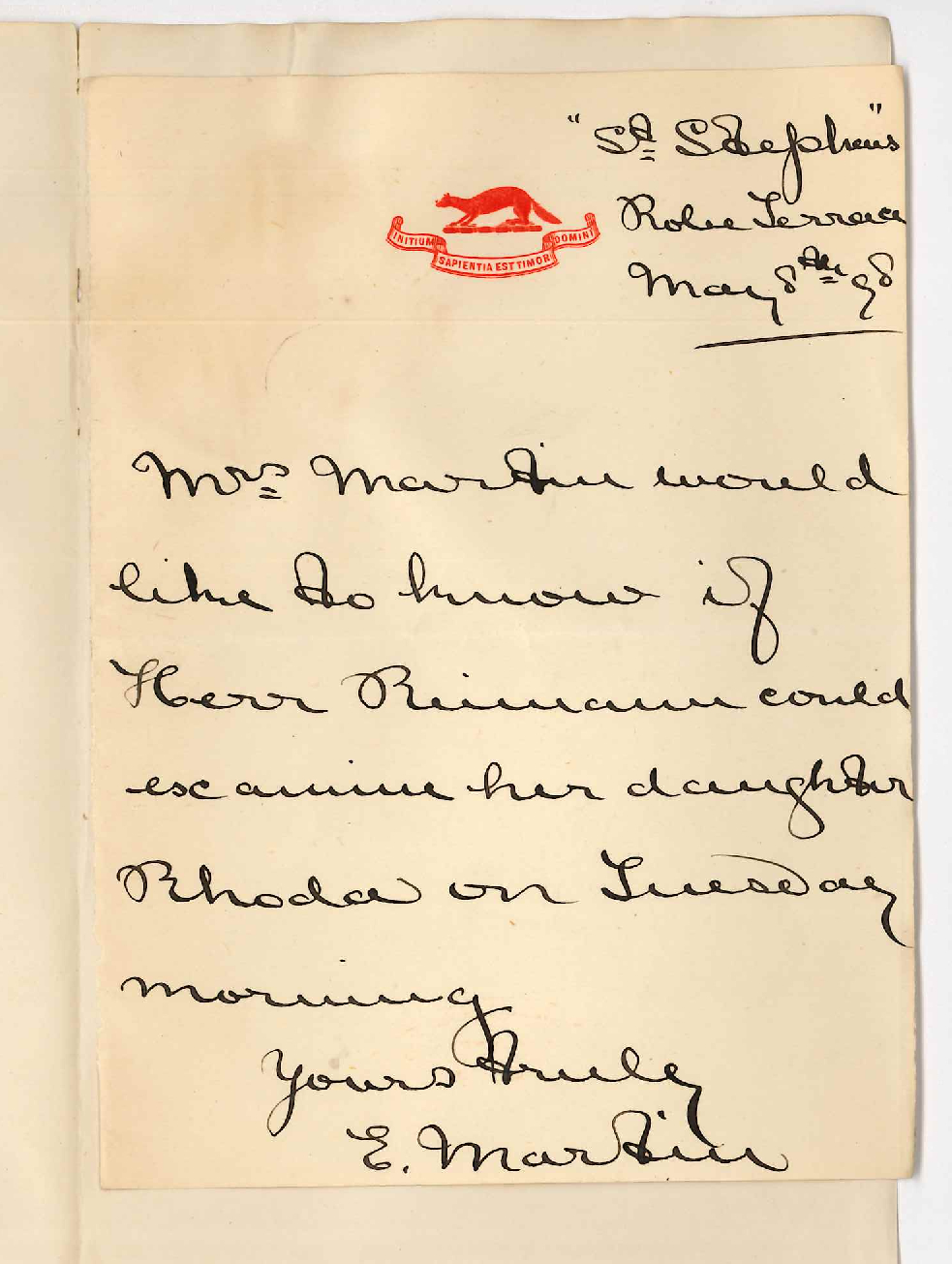 Mrs E Martin - North Adelaide - Entrance Examination to Conservatorium for Rhoda Martin