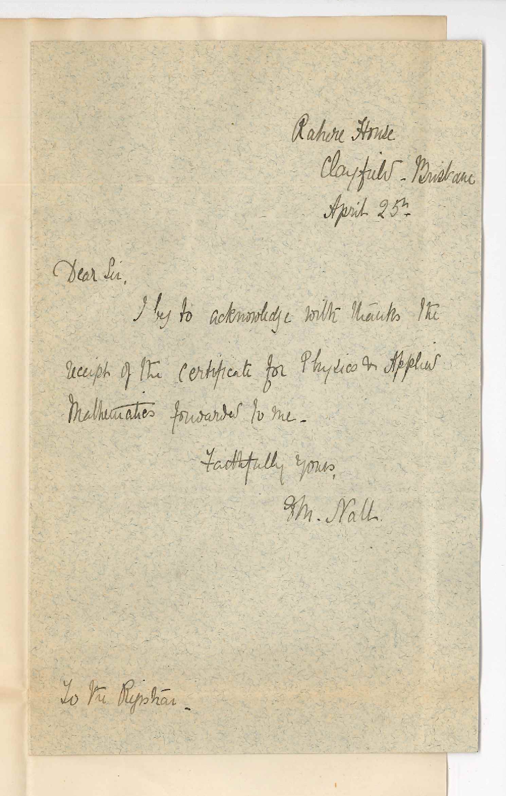 Miss M Nall - Brisbane - Acknowledges receipt of Certificate