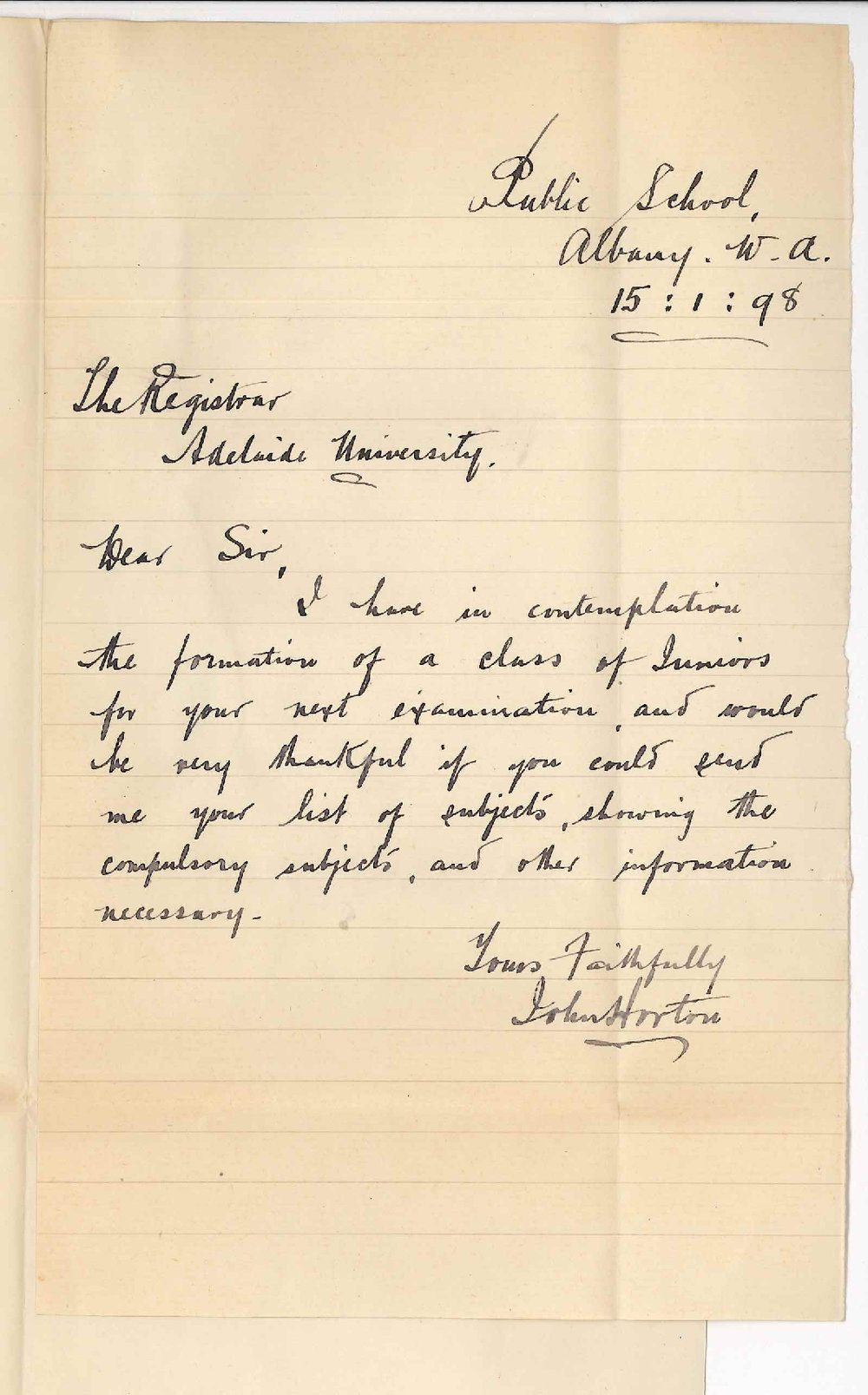 John Horton - Albany - Details of subjects for Junior Exam