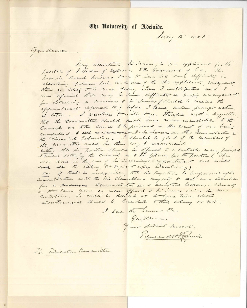 Professor Edward Henry Rennie - University - Concerning arrangements for Demonstrator in Chemistry