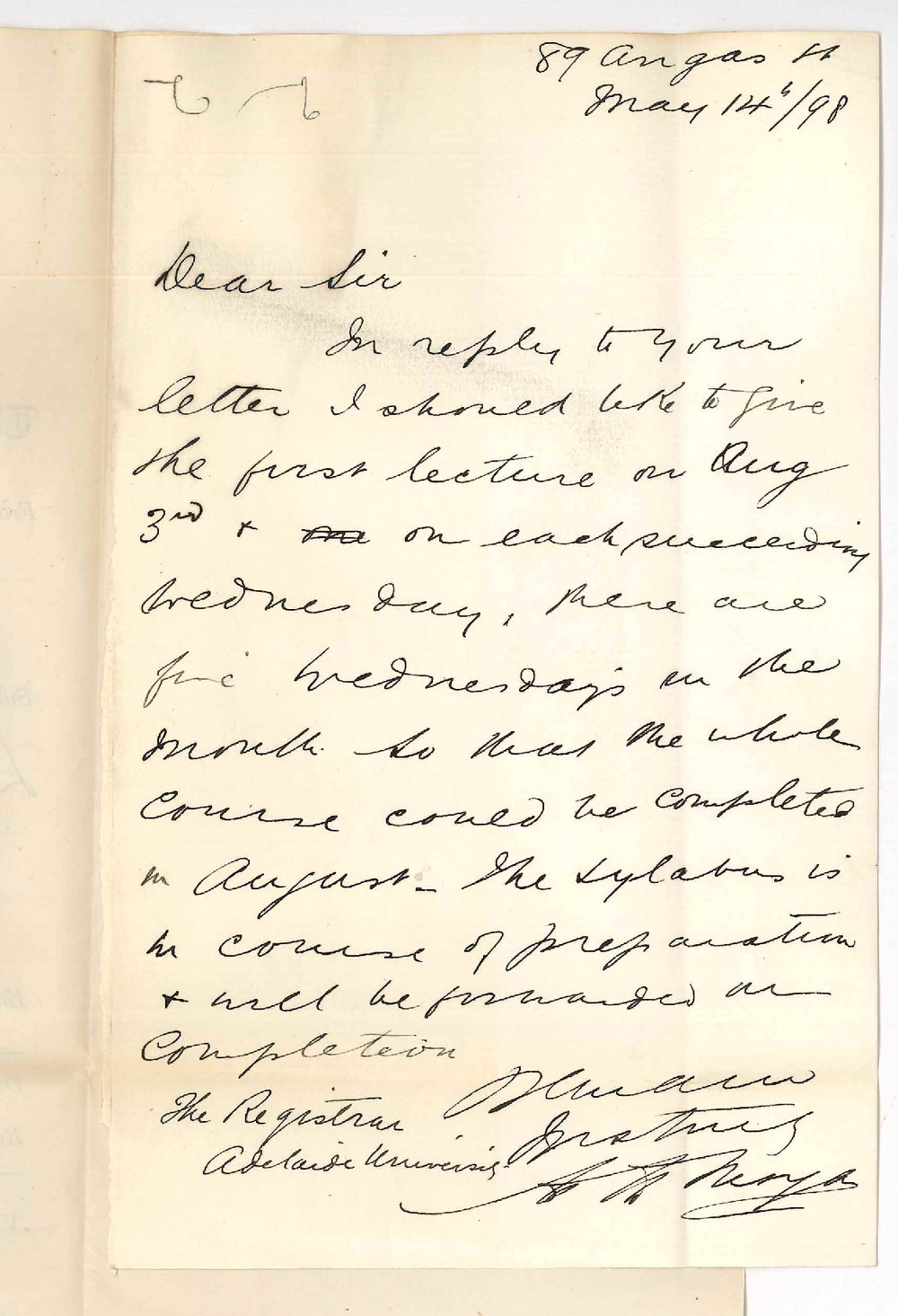 A H Mayo - Angas Street - Concerning Extension Lectures