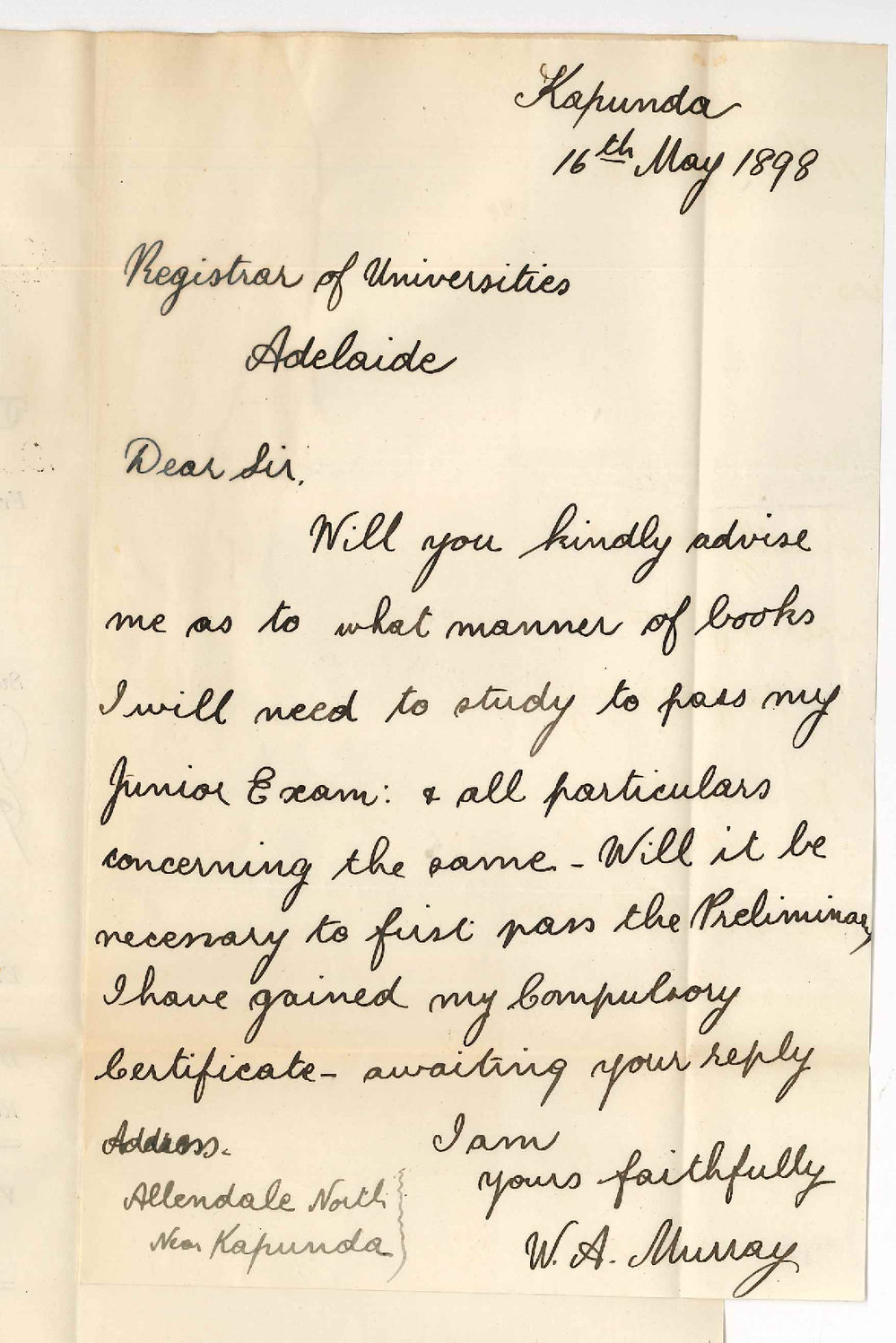 W A Murray - Kapunda - Information re Preliminary and Junior Public Examination