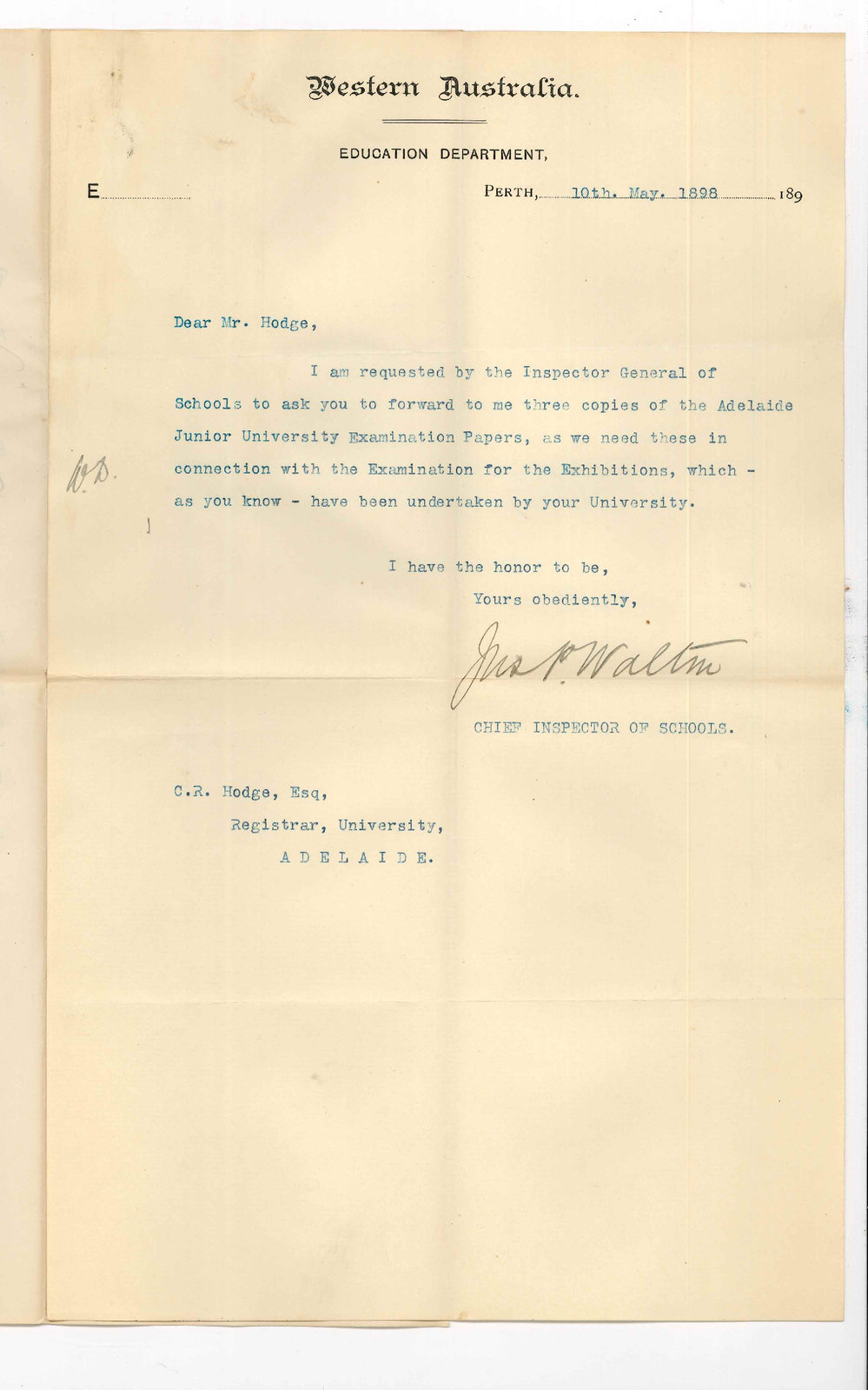 J P Walton - Chief Inspector of Schools - Perth Western Australia - Request for Junior Examination Papers