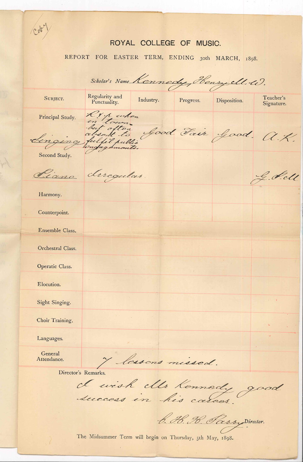 Charles Hubert Hastings Parry - Royal College of Music - London - Report progress Henry M W Kennedy 30 March 1898