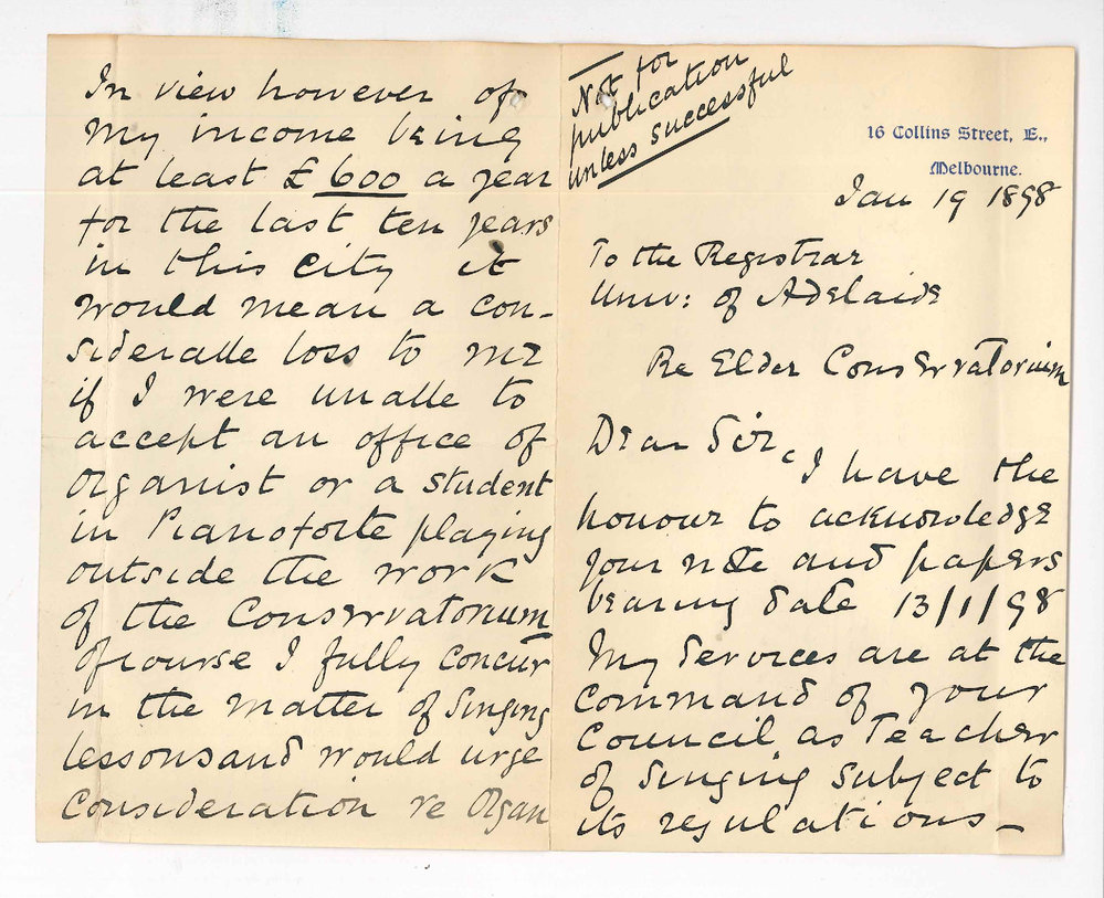 Harry John King - Melbourne - Application Teacher of Singing and perhaps Extra Teacher Piano in the Conservatorium