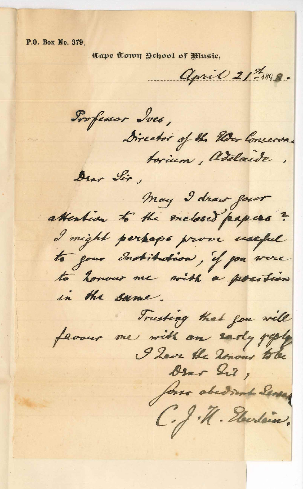 C J N Eberlein - Cape Town School of Music - Application for position in Conservatorium