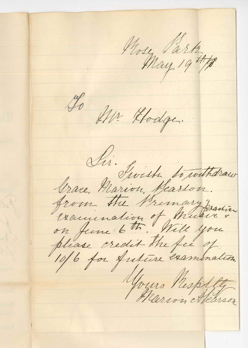 Marion Pearson - Rose Park - Withdrawing Grace Marion Pearson from Primary and asking that fee 10-6d be placed to credit