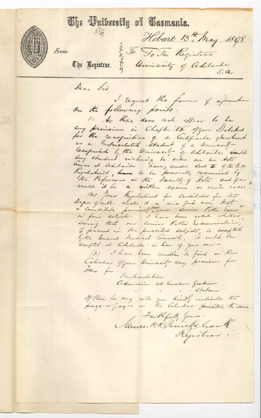 James Henry Robert Cruickshank - Registrar University of Tasmania - Information concerning the Matriculation Exam