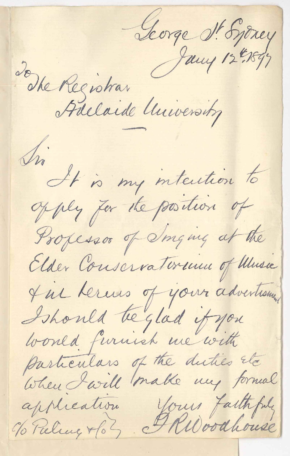 F Woodhouse - Sydney - Particulars of duties etc Professor of Singing