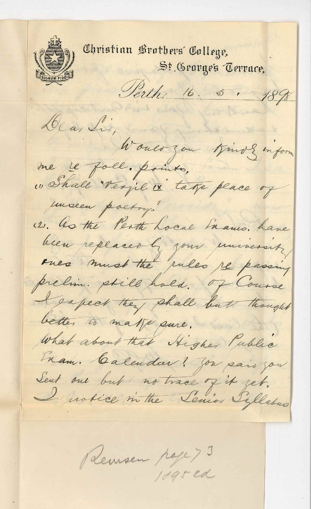 Reverend W J Cullignan - Perth - Concerning Exams at Perth