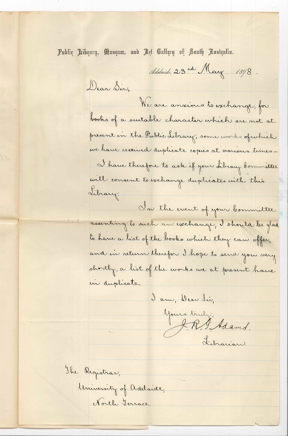 Joseph Robert George Adams - Public Library - Offering to Exchange duplicate Works