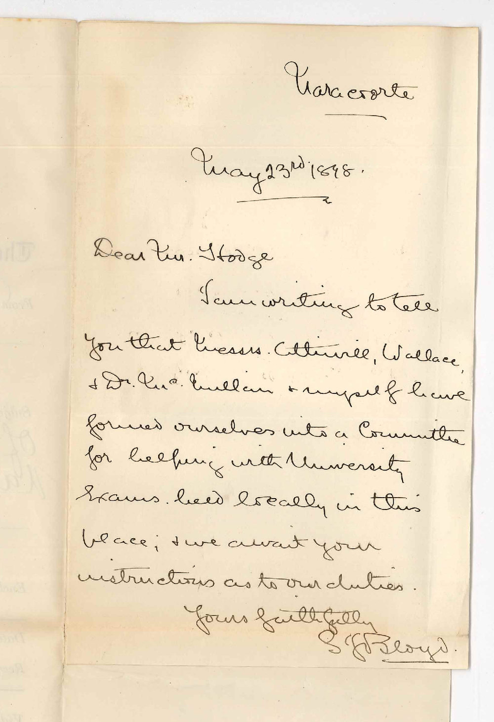 Reverend S J Bloyd - Naracoorte - Advising formation of Committee at Naracoorte