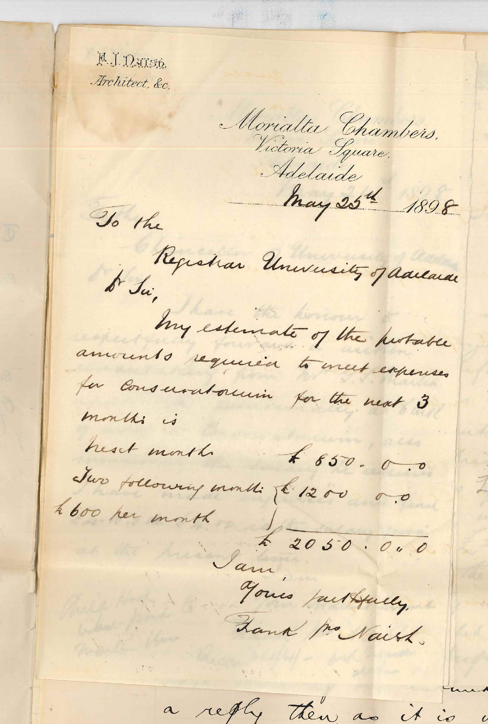 Frank John Naish - Referring to Clerk of Works and to Walter and Morris refusal to act as surety for Mr Torode
