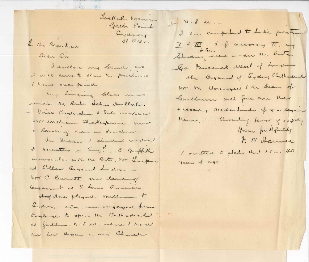 F W Harmer - Sydney - Application Teacher of Singing or Extra Teacher of Singing in the Conservatorim