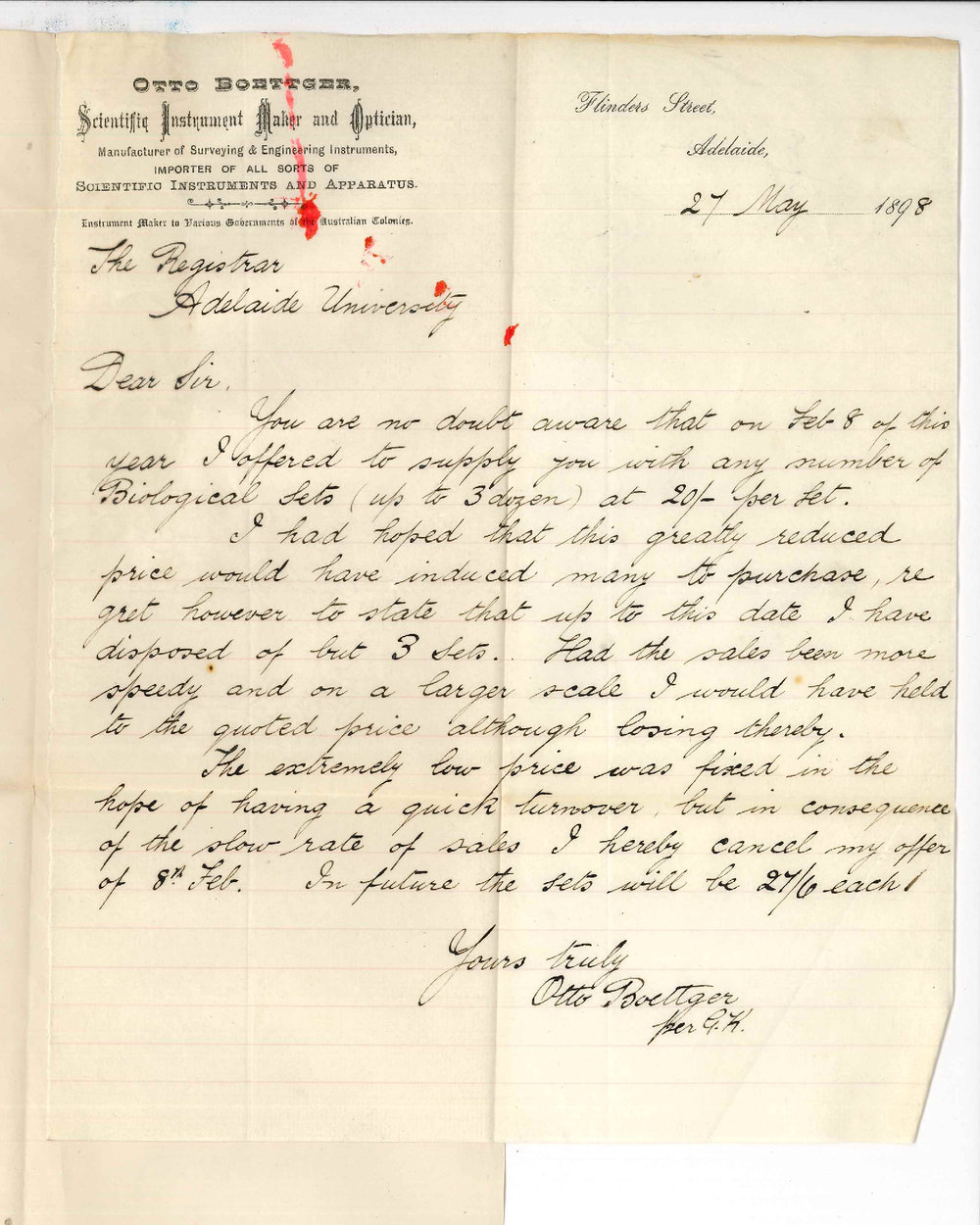 Otto Boettger - Adelaide - Withdrawing offer to supply Biological sets at 20/- each