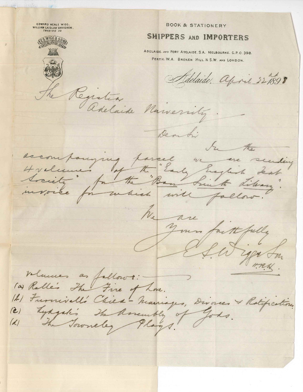 E S Wigg and Son - Parcel books for the Barr Smith Library Invoice to follow