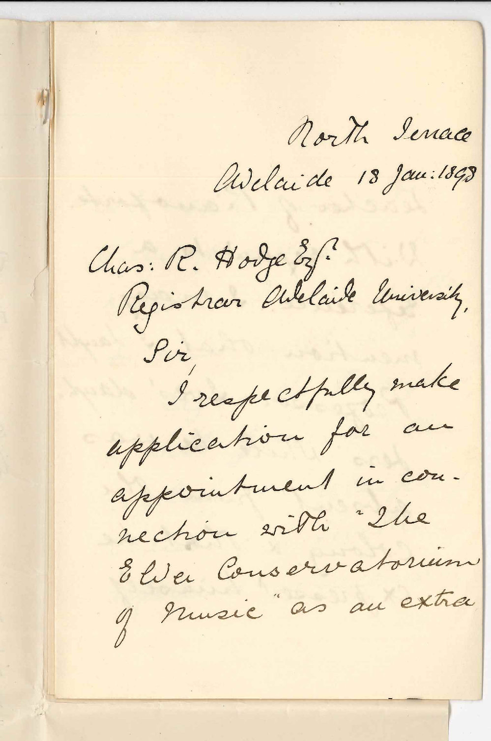 Miss Florence W Campbell - Adelaide - Application as Extra Teacher of Piano in Conservatorium