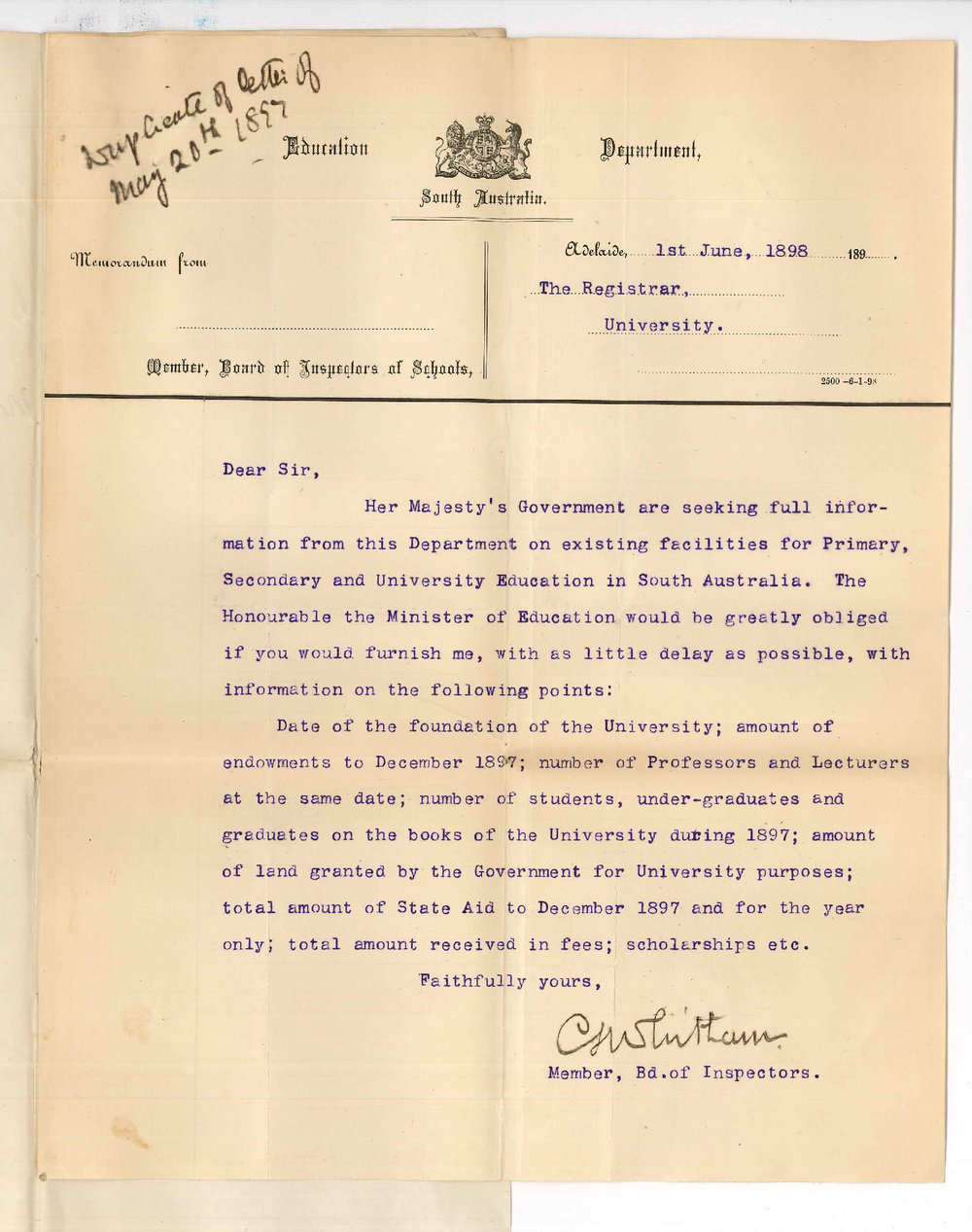 C L Whitlam - Member of Board of Inspectors - Education Department - Information concerning the University