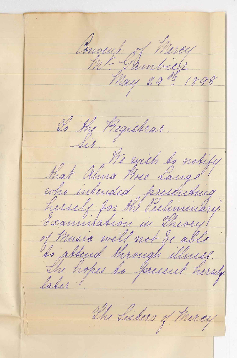 Convent of Mercy - Mount Gambier - Alma Rose Lange wishes to withdraw from Primary owing to illness