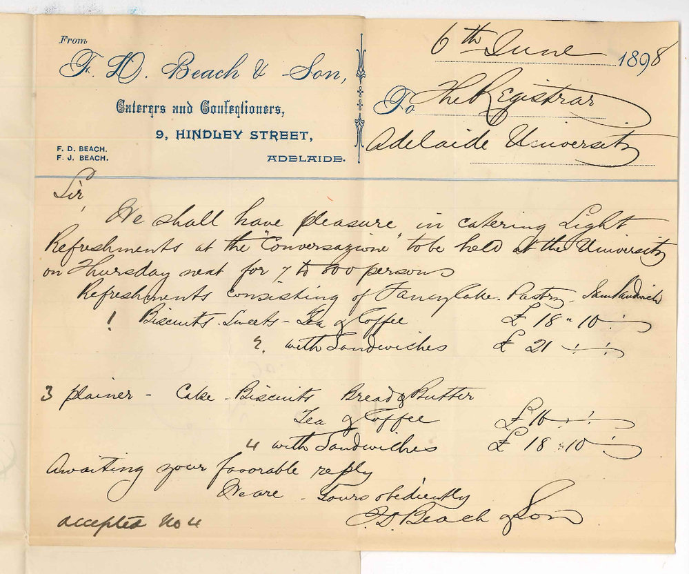 J D Beach and Son - Adelaide - Quotation for catering Refreshments for Conversazione