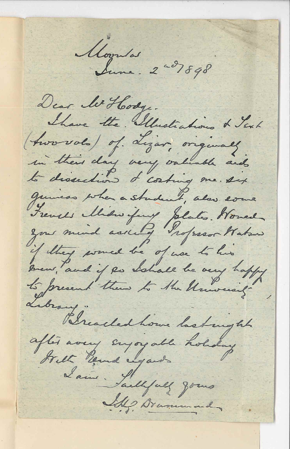 Dr J H G Drummond - Moonta - Offering Illustrations and Text Book of Lizar to the University Library