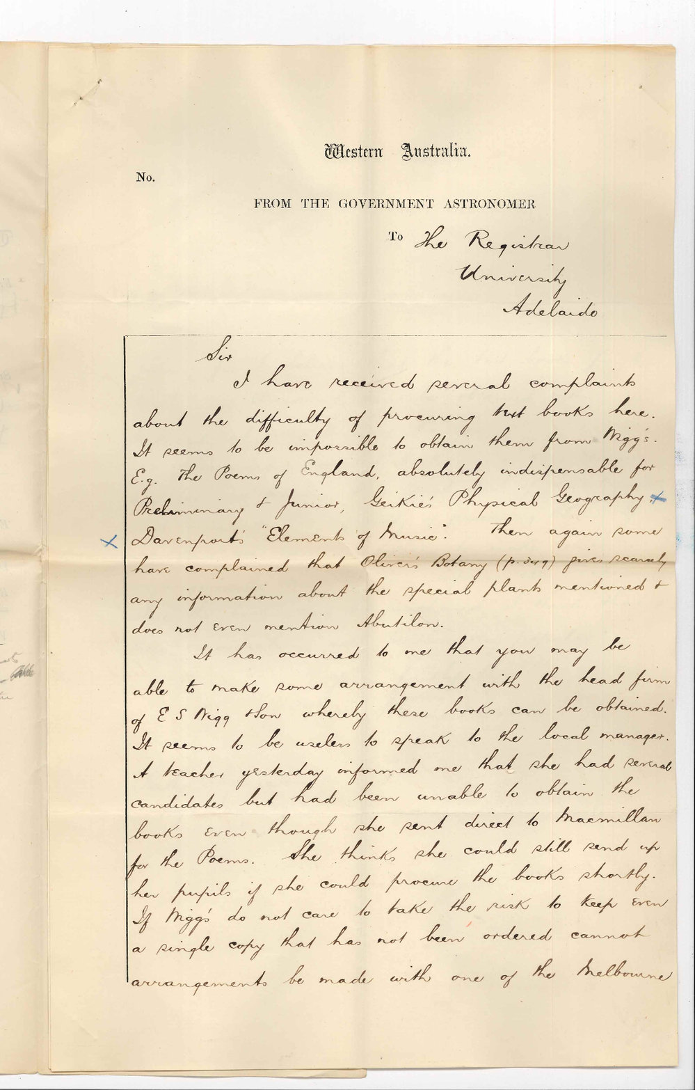 William Ernest Cooke - Honourable Secretary Perth Exam Centre - Complaints about Textbooks for Public Examinations