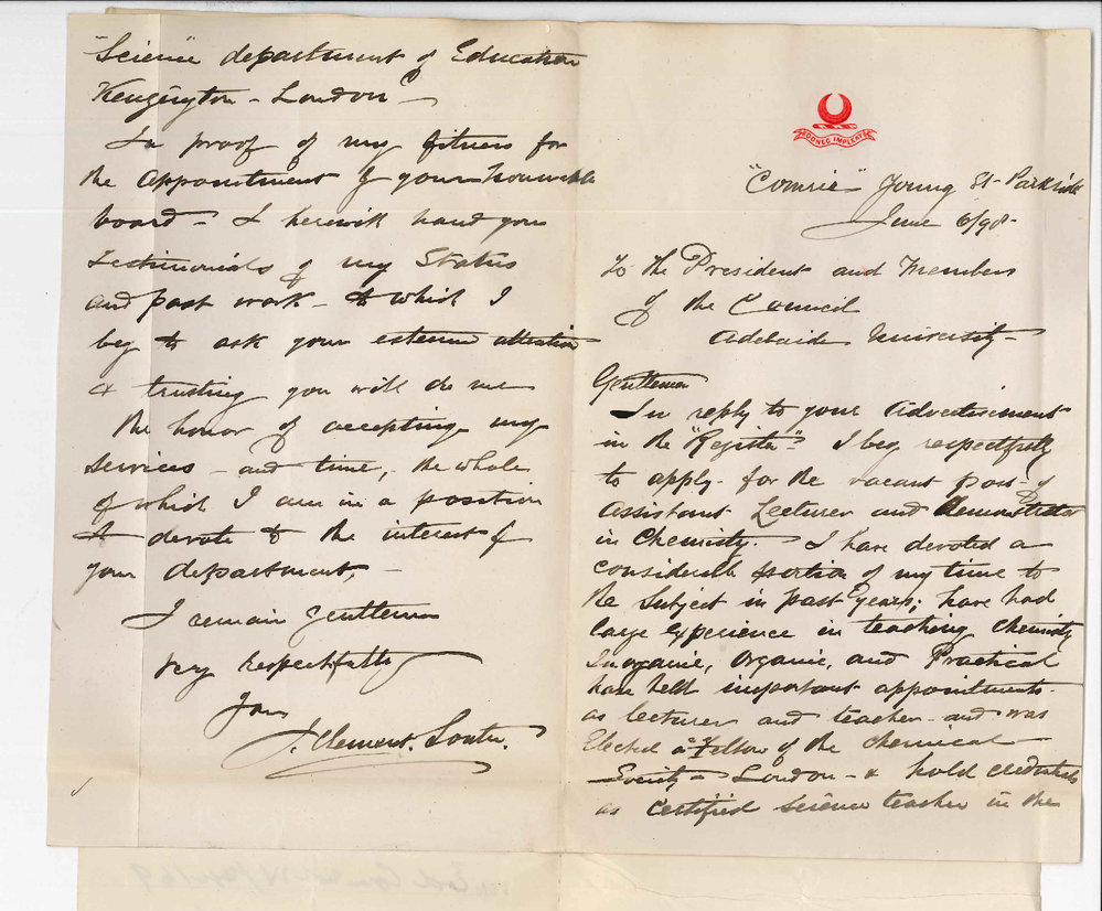 J Clement Souter MD - Parkside - Application for Assistant Lecturer Demonstrator in Chemistry