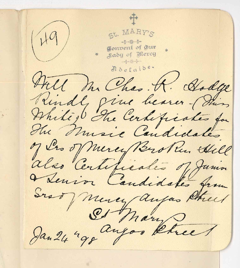 St Marys Convent - Angas Street - Request for Certificates for their Candidates and for those of the Broken Hill Convent