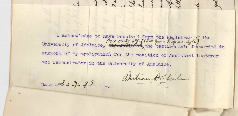 Bertram D Steele - Melbourne - Application for Assistant Lecturer and Demonstrator in Chemistry