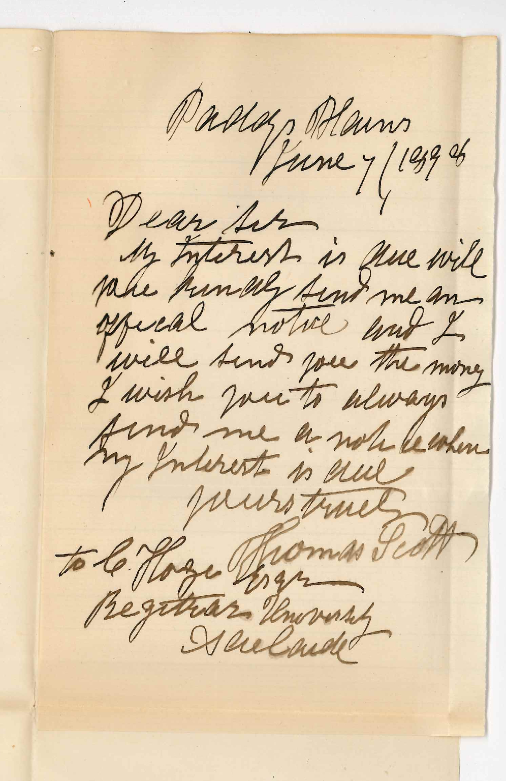 Thomas Scott - Paddys Plains - Asking for official notice when interest is due