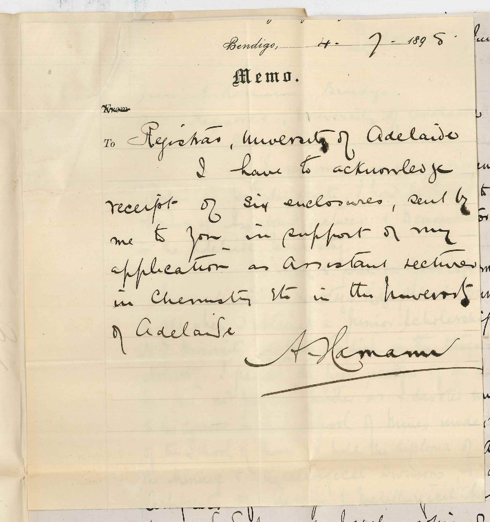 Adolph Hamann - Bendigo - Application as Assistant Lecturer and Demonstrator in Chemistry