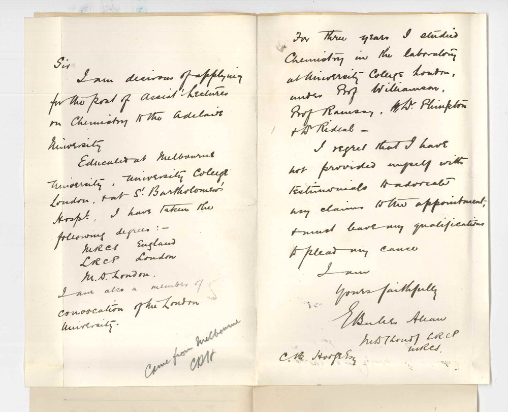 E B Allen - Melbourne - Application Position Assistant Lecture and Demonstrator in Chemistry