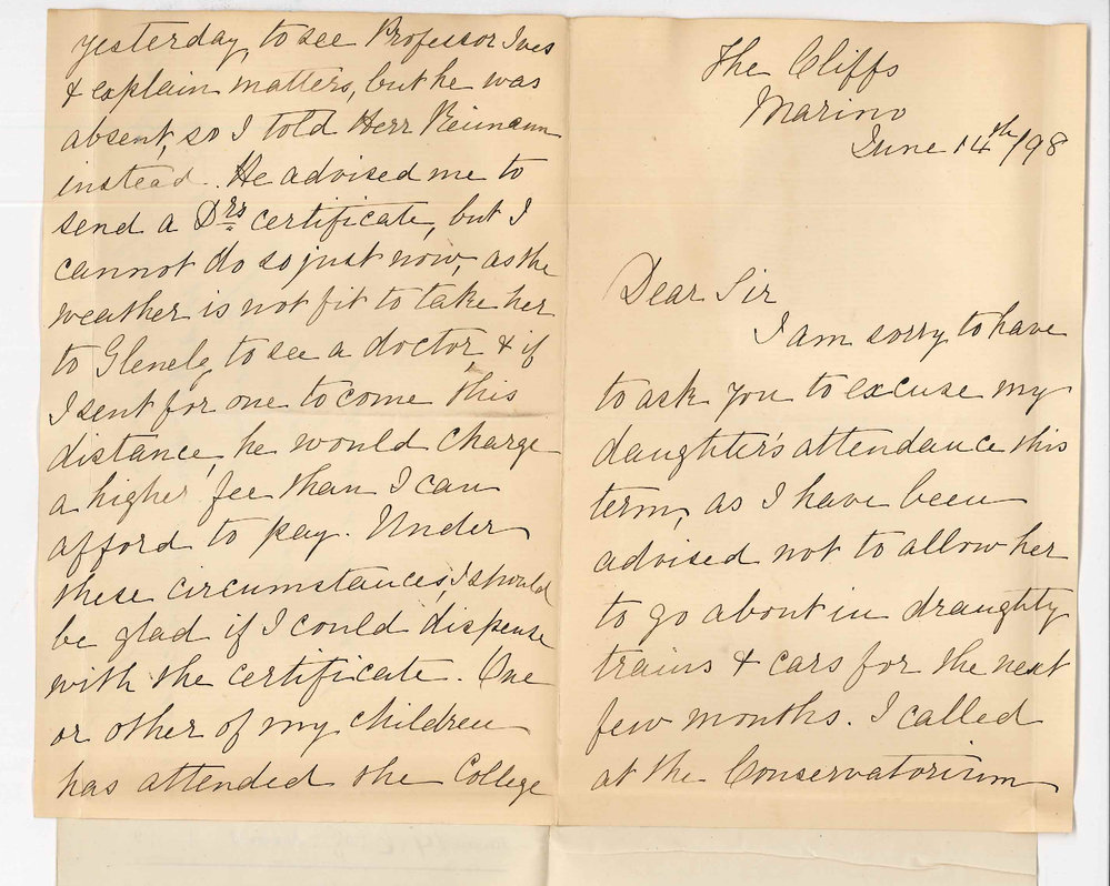 Mariana Rhead - Brighton - Request for daughter to be Excused from attendance at Conservatorium during 2nd Term