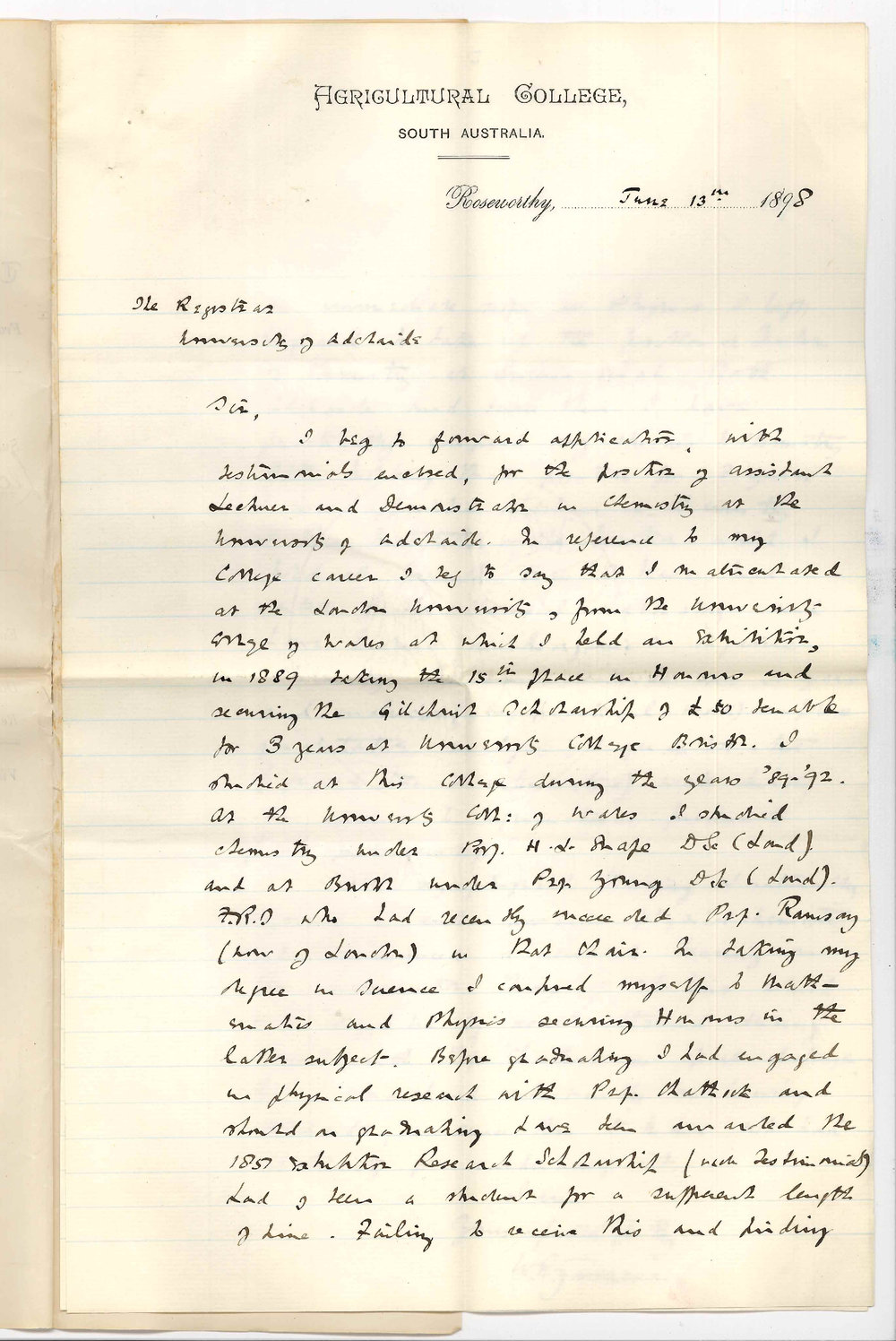 W R Jamieson - Roseworthy - Application Position Assistant Lecturer and Demonstrator in Chemistry