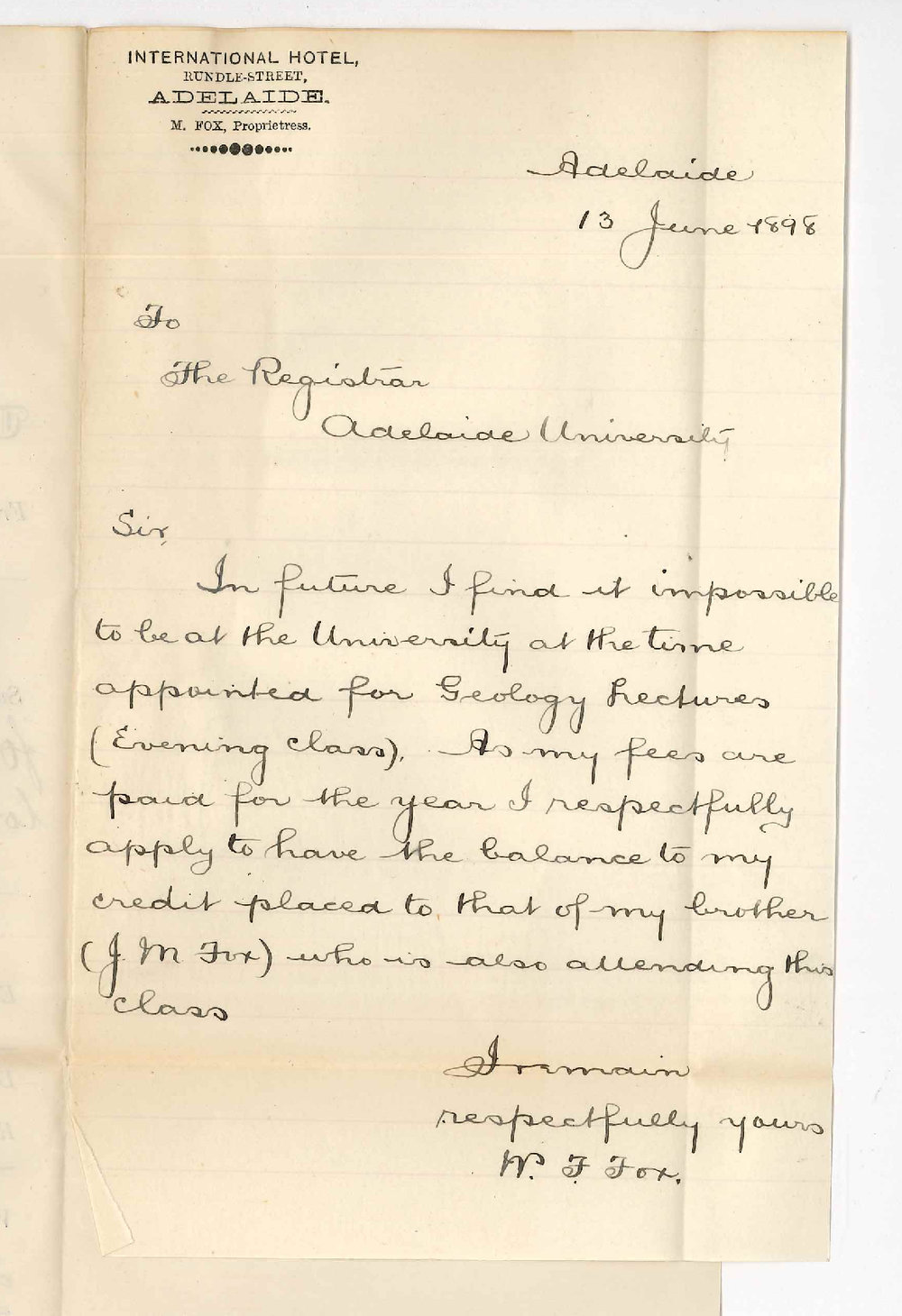 William R Fox - Adelaide - Asking that fees paid for Geology be placed to brothers credit