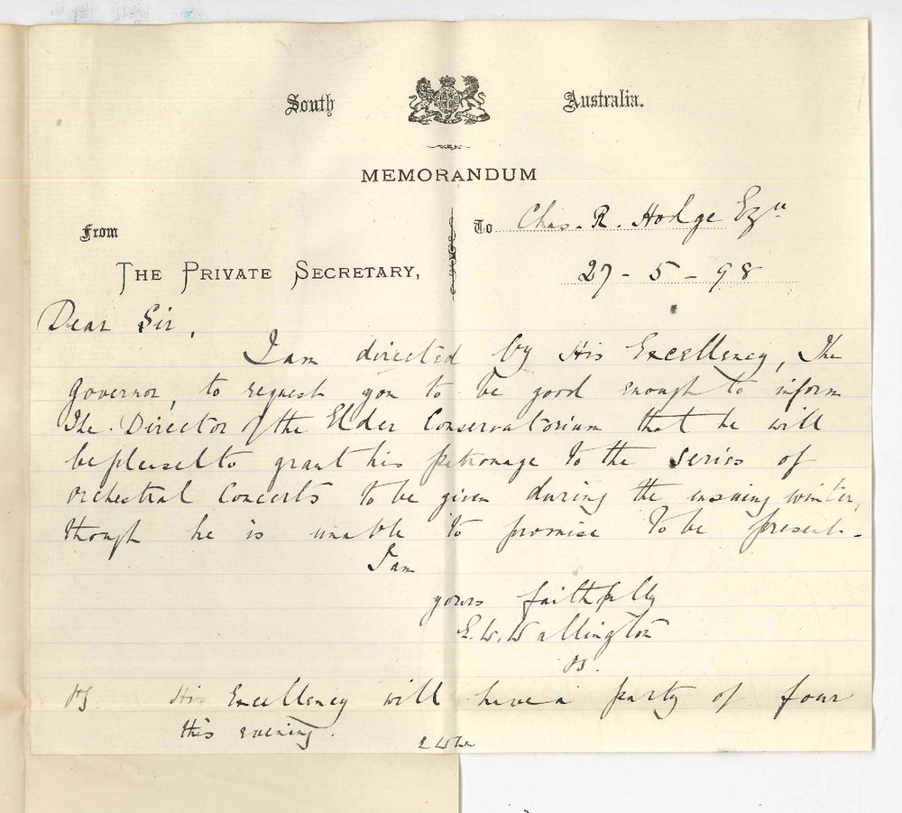Edward William Wallington - Private Secretary - Government House - The Governor granting patronage to series of Orchestral Concerts