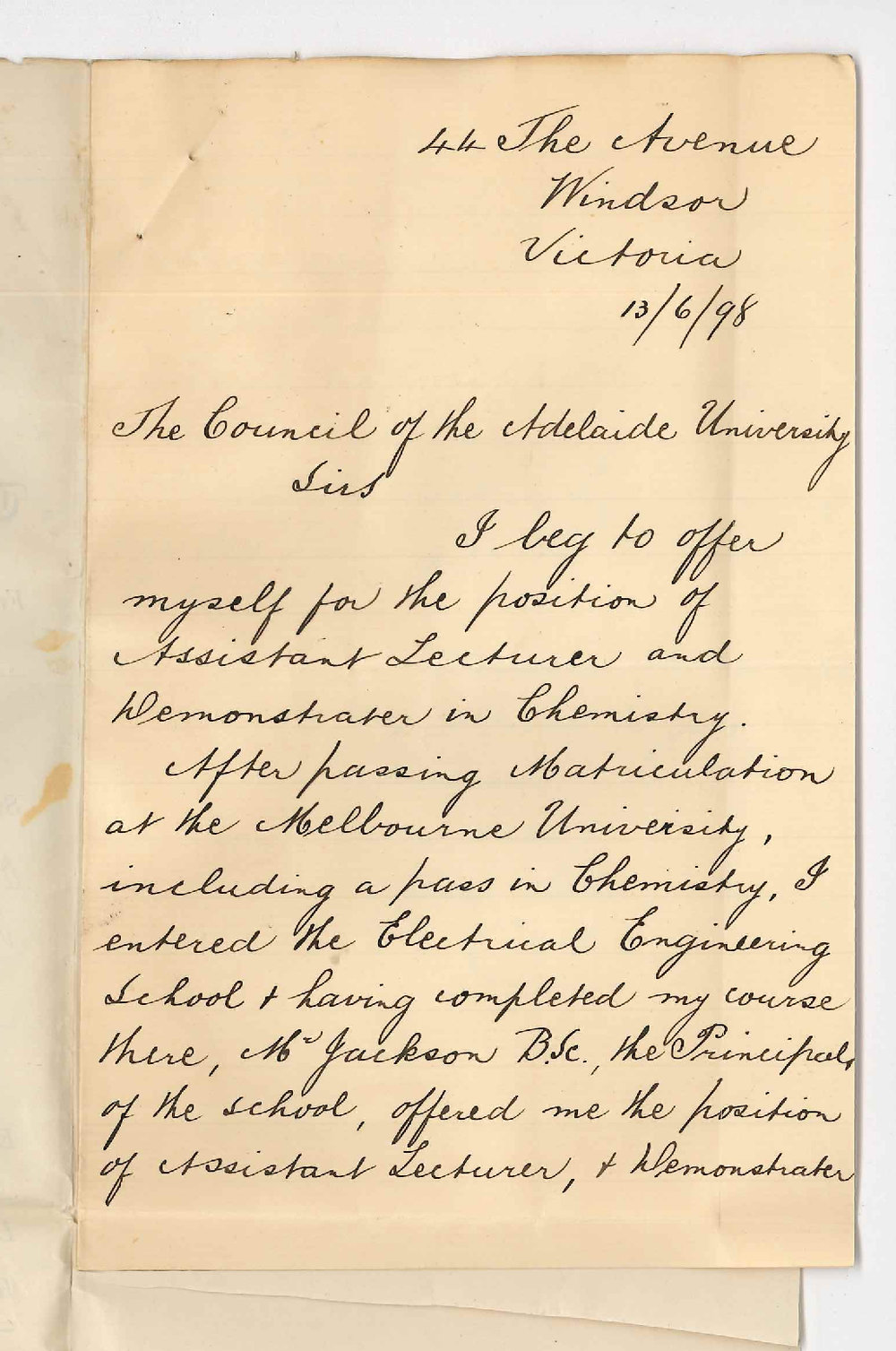 C W Sims - Windsor Victoria - Application Position of Assistant Lecturer and Demonstrator in Chemistry