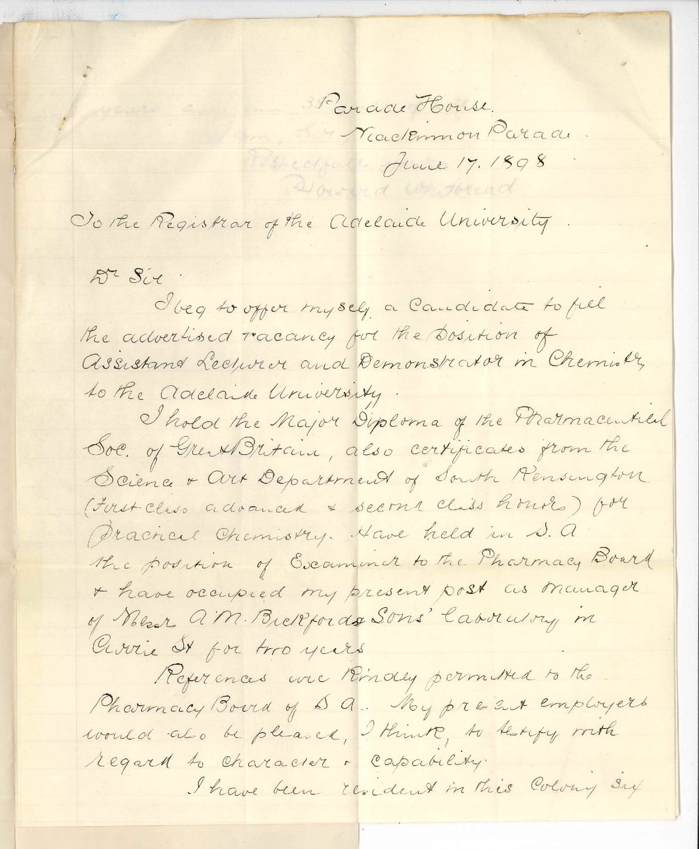 Howard Whitbread - Mackinnon Parade - Application Position Assistant Lecturer and Demonstrator in Chemistry