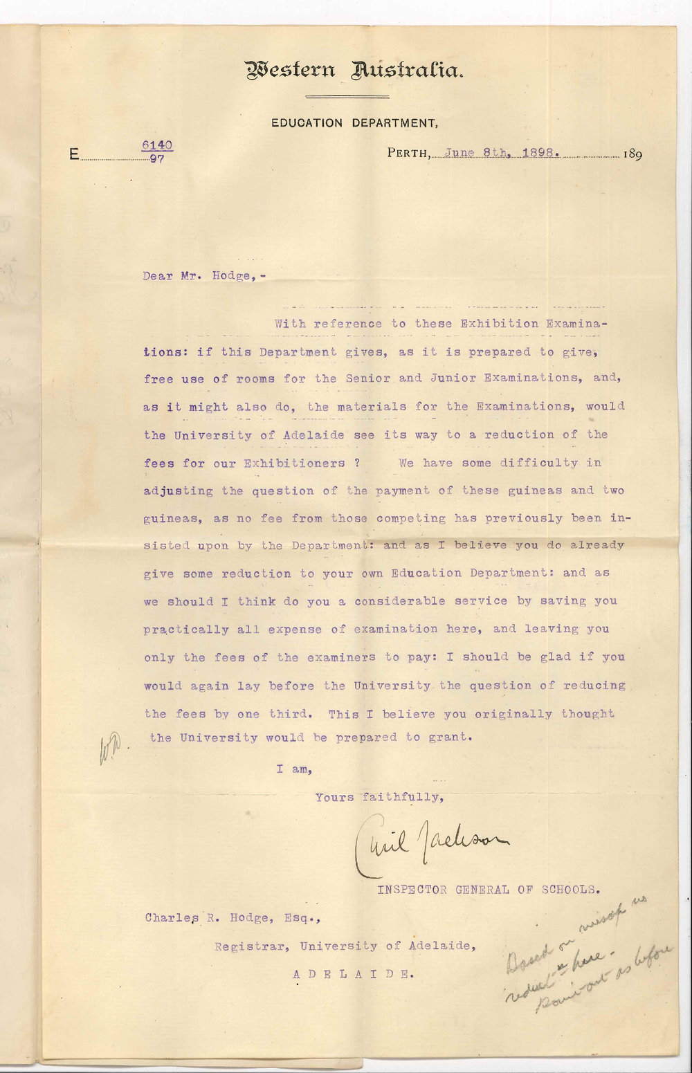 Cyril Jackson - Inspector General of Schools - Perth - Examinations at Perth - Public School Exhibitions