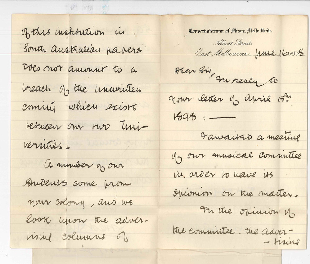 Conservatorium of Music - Melbourne University - Question of advertising in South Australian Papers