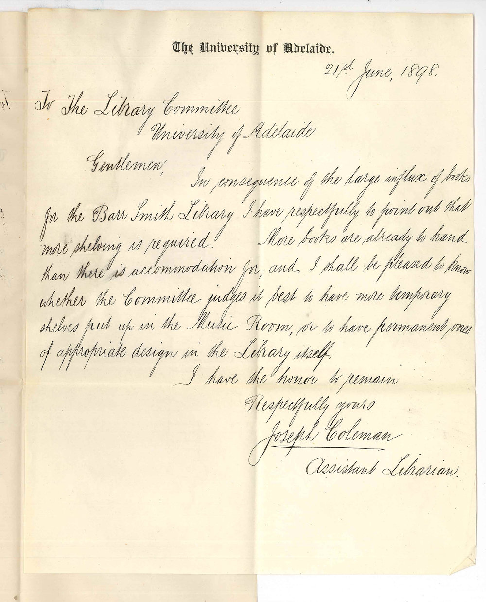 Joseph Coleman - More shelving for the Library required