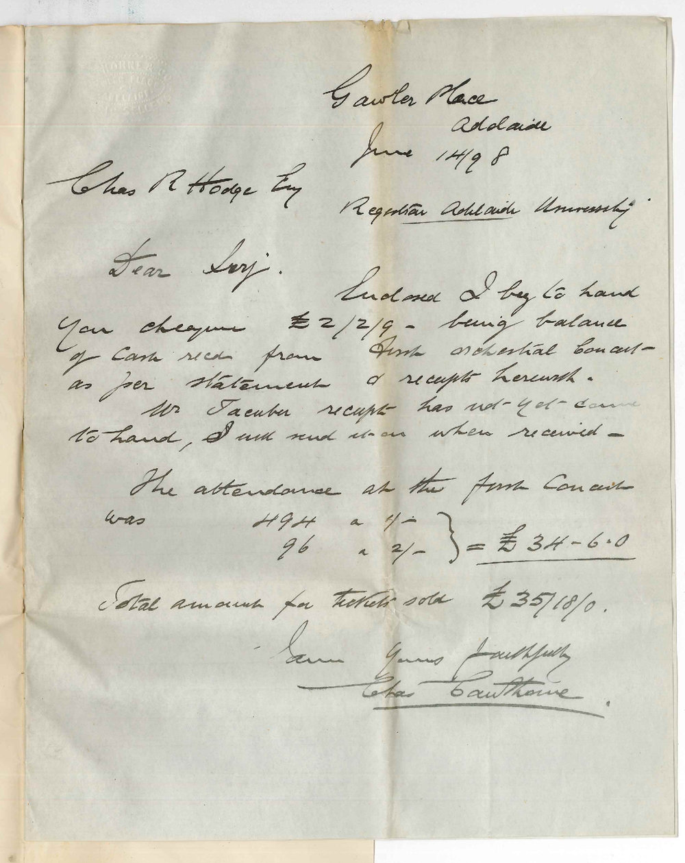 Charles Cawthorne - Statement and Balance Sheet of First Orchestral Concert